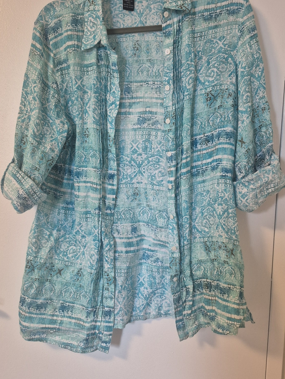 ​Olsen Europe 100% Linen Teal Paisley Button Down Shirt Pleated Blouse Size S/M